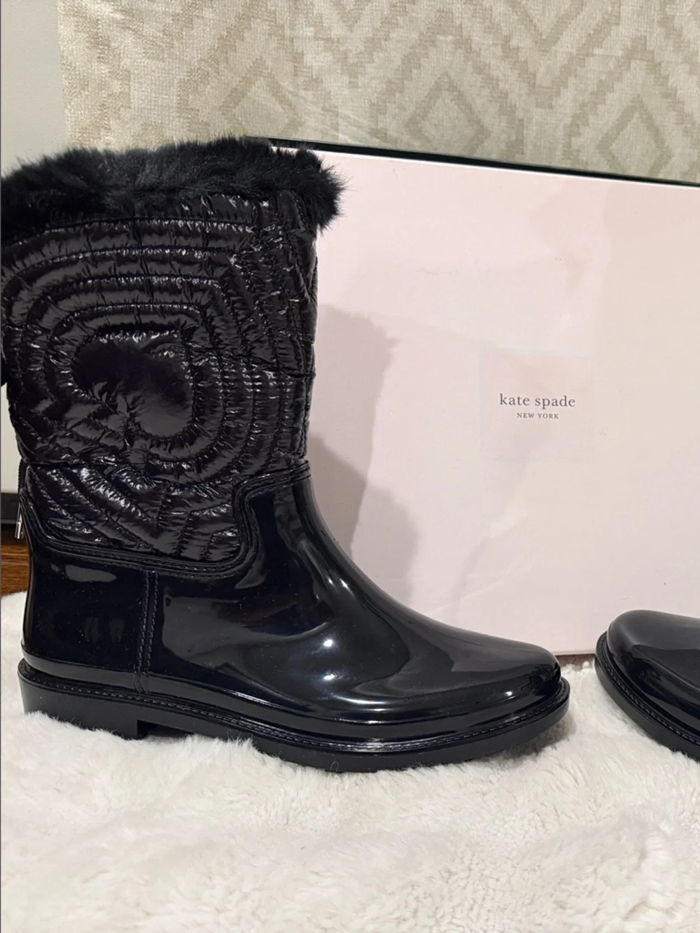 kate spade Black Patent Quilted Fur-Trim Winter Boots with Heart Detail